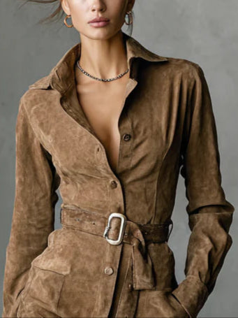 Chloé | Robe midi en daim à manches longues, col revers et boutonnage simple