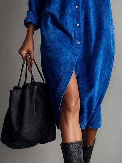 Lockeres Cord-Doppel-Brusttaschen-Midi-Kleid mit Ein-Knopf-Verschluss