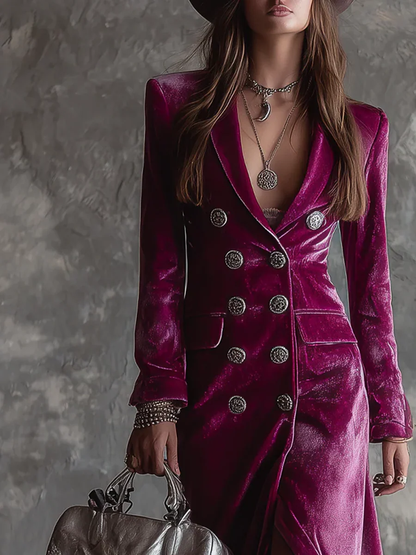 Solange | Robe blazer longue en velours lilas à boutons