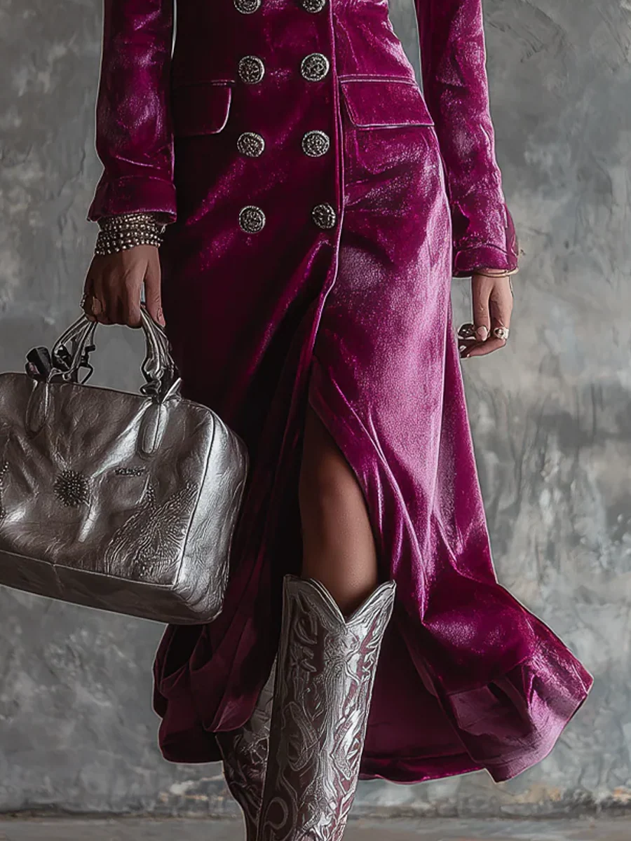 Solange | Robe blazer longue en velours lilas à boutons